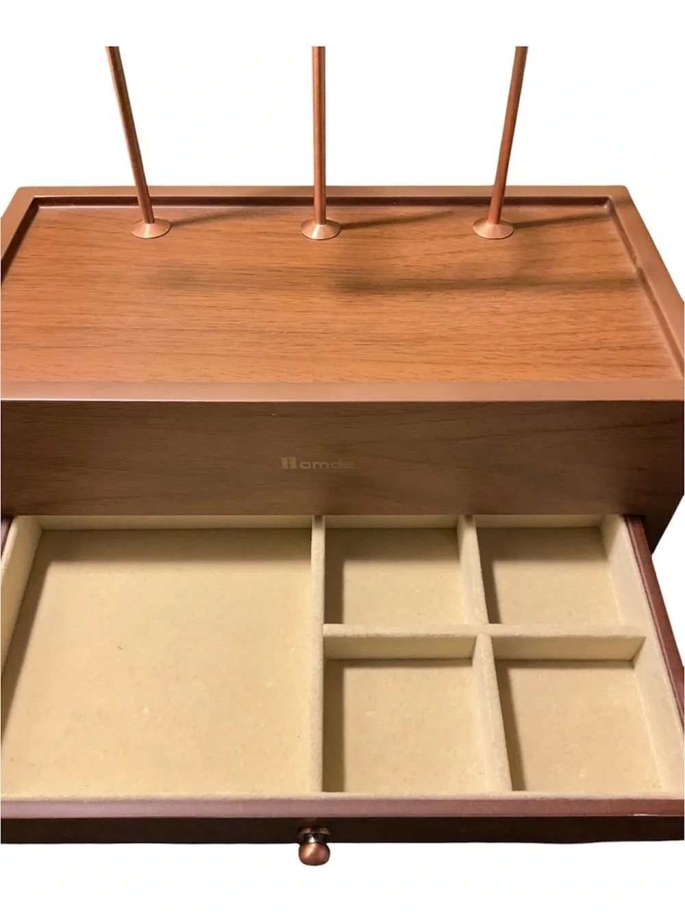 Wood & Copper Jewelry Organizer Box with Multi-Tier Stands-Homde